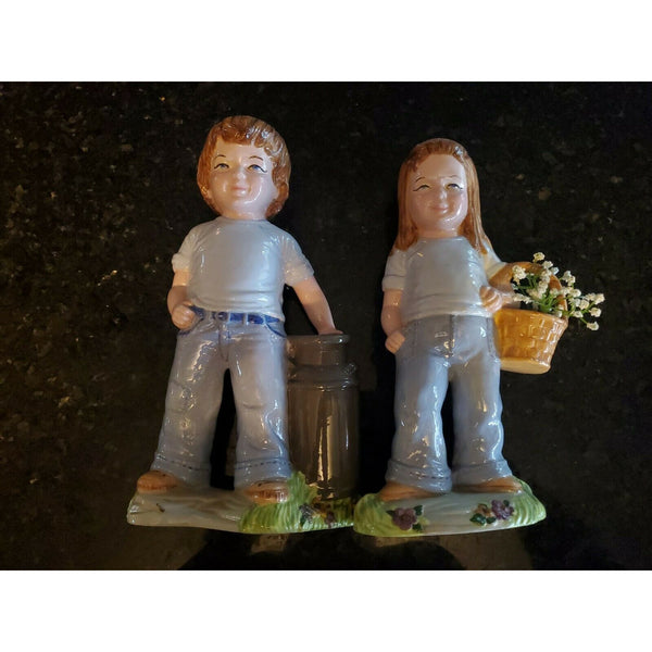 Matching Pair Boy Girl In Jeans Porcelain Figures Hand Painted
