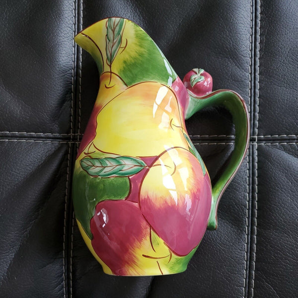 Clay Art Apple Medley Hand Painted 64oz. Carafe Milk Water Pitcher 10 1/2" tall