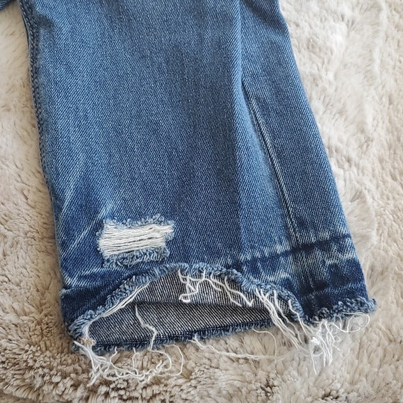 American Eagle Very Distressed Tom Girl Mid Rise Raw Hem Blue Jeans Size 2