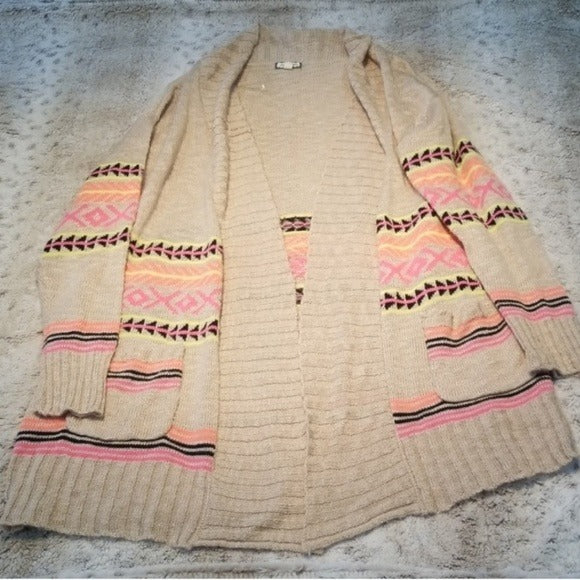 Eyeshadow Open Front Tan and Neon Cardigan Size M