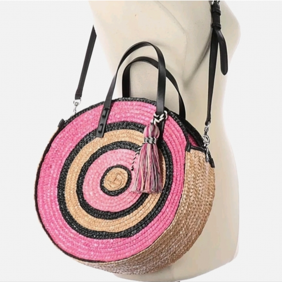 Rebecca Minkoff Pink and Beige Wicker Concentric Circle Tote Hand Bag
