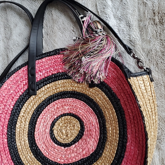 Rebecca Minkoff Pink and Beige Wicker Concentric Circle Tote Hand Bag