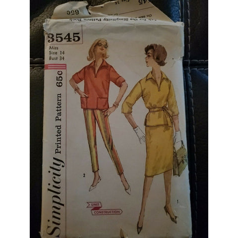 1961 Simplicity 3545 Misses Top, Skirt & Pants Pattern