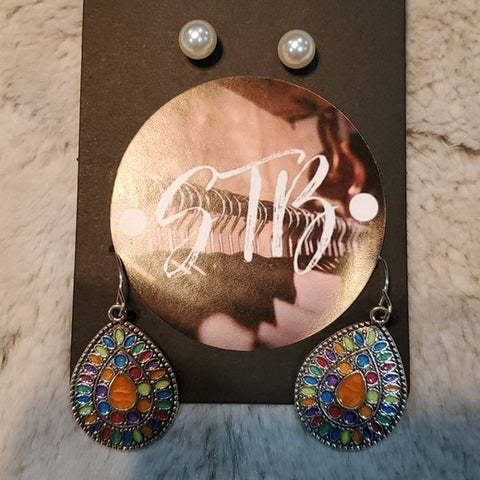Boutique Stud and Multicolor Tear Drop Earrings